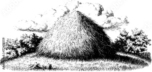 Vintage haystack illustration with clouds and trees - perfect for retro design