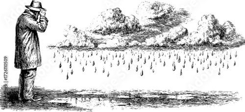 Pensive human silhouette standing in rain depicted in vintage engraving style