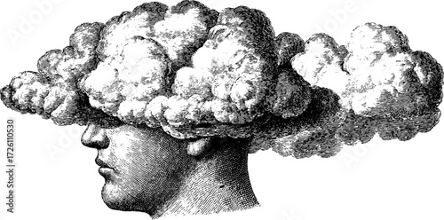 Surreal human silhouette with cloud head illustration for creative design