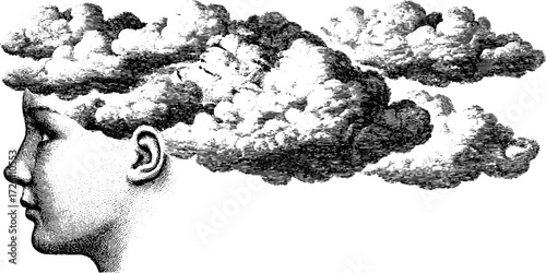 Surreal vintage human silhouette with cloud head conceptual art