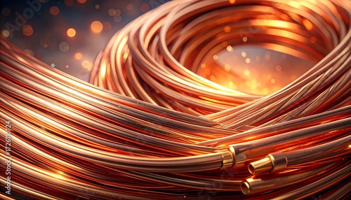 A tightly coiled bundle of shiny copper wire against a softly blurred backdrop of golden light and bokeh, emphasizing the metallic texture