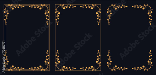 Elegant Frame Design: intricate floral details form an exquisite framed layout, rendered in luxurious gold against a deep, captivating backdrop. The design epitomizes refinement and sophistication