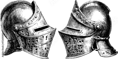 Vintage knight helmet engraving illustration for historical design and decoration