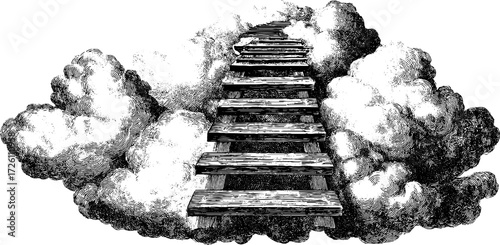 Vintage hand-drawn ladder ascending into clouds symbolizing ambition and dreaming - ideal for inspirational design