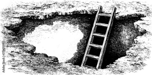 Ladder descending into mysterious abyss - vintage sketch art for thoughtful design