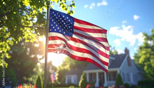 American Flag Waving Proudly in Front of a Suburban Home on a Sunny Day