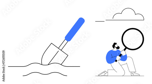 Shovel digging into soil, person kneeling with magnifying glass under cloud. Ideal for research, exploration, discovery, investigation, analysis, curiosity problem-solving. Simple flat metaphor