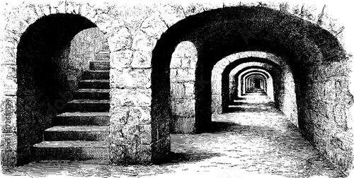 Vintage engraving of arched tunnel with stone stairway creating optical illusion