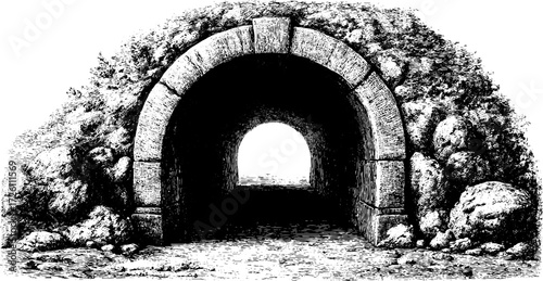 Vintage hand drawn tunnel illusion with engraved stone arch