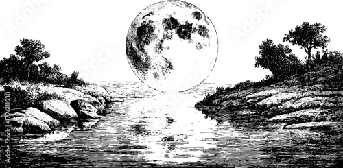 Moon reflection in rippling water with natural landscape silhouette for nighttime art design