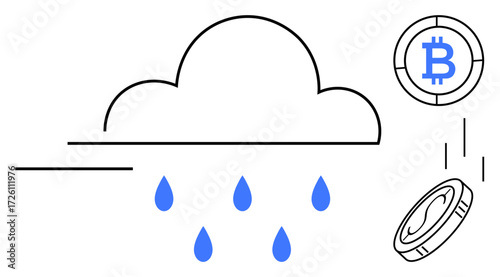 Cloud releasing blue raindrops alongside cryptocurrency coins representing blockchain rewards, digital transactions, and decentralized finance. Ideal for fintech, blockchain, cloud computing