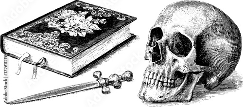 Vintage notebook and skull with ornate dagger - retro hand drawn illustration