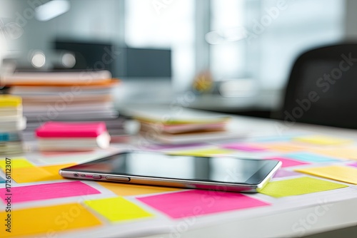 Busy office desk with tablet and sticky notes