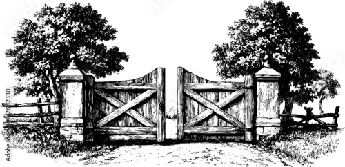 Vintage illustration of rustic wooden gates in scenic countryside