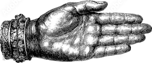Vintage hand engraving of open palm with line of fate for fortune telling