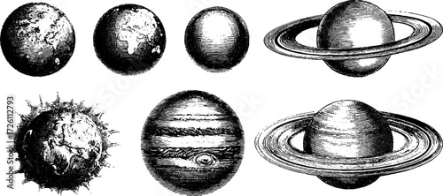 Vintage sketch of planetary alignment with textured earth and saturn - retro design for engraving and silhouette art