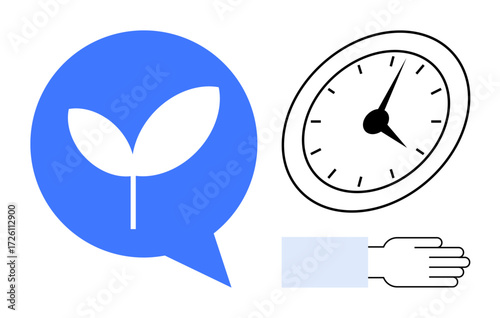 Plant inside speech bubble, hand beneath clock showing urgency, representing sustainability, growth, eco-consciousness, productivity, time management, personal responsibility, simple flat metaphor