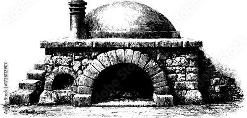 Vintage hand drawn illustration of a pottery kiln in engraving style for retro design