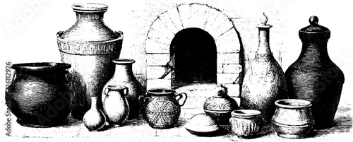 Vintage hand drawn illustration of pottery kiln and ceramic vessels for retro design