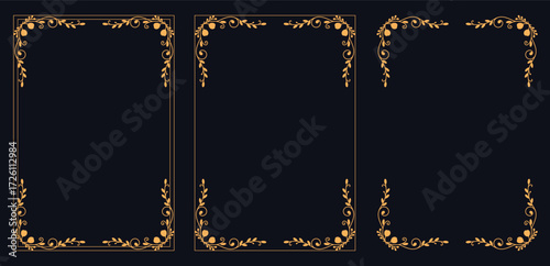 Elegant Frames and Borders: A set of intricate gold-ornamented frames on a rich, dark background, perfect for adding a touch of luxury and sophistication to any design.