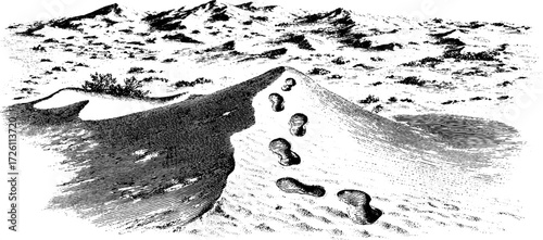 Desert landscape with sand dunes and fading footprints - retro hand drawn illustration for posters