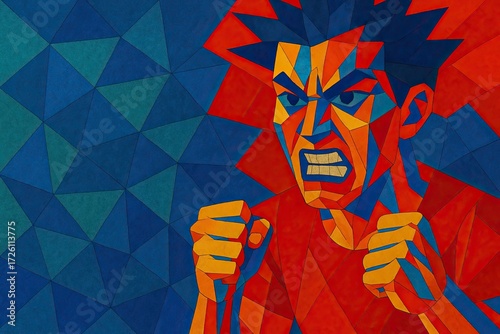 怒っている男性のキュビズム風イラスト
