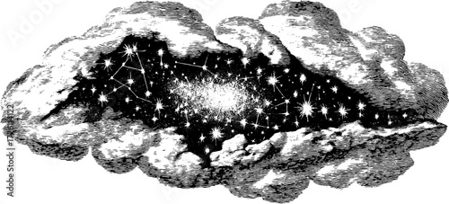 Celestial silhouette in a starry sky - engraved cloud and constellations for retro design