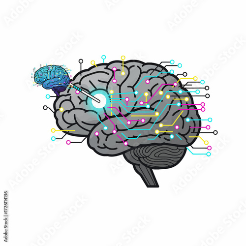 Business powered by AI. Unique and scalable vector art showing futuristic intelligence enhancing a corporate brain. Use for microstock and content about technology and business growth.