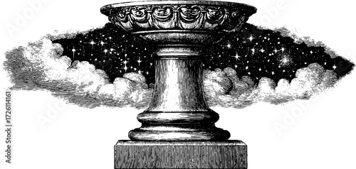 Vintage hand drawn silhouette of ornate pedestal with starry sky