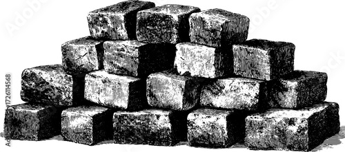 Vintage hand-drawn engraving of a stack of bricks silhouette for retro design
