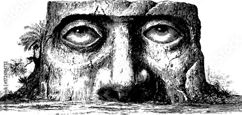 Stone idol head engraving illustration - vintage tribal art for design