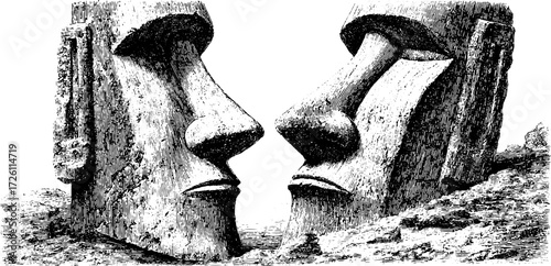Ancient stone idol heads sketch - vintage design for art prints and posters