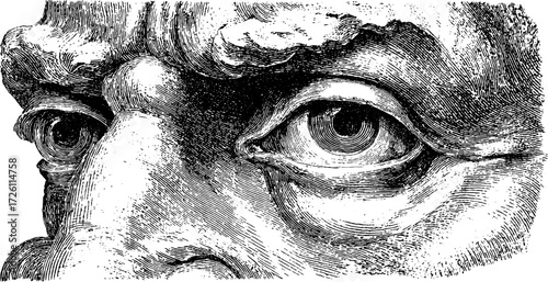 Intricate stone idol head engraving sketch for retro design and decoration