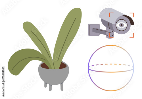 Potted plant with broad leaves, security camera with focus frame, and geometric 3D sphere. Ideal for security, nature, technology, observation, interior design innovation growth. A simple flat