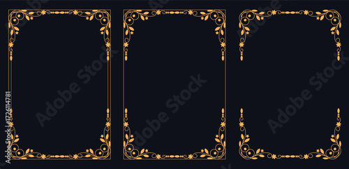 Elegant Golden Frame Set: A set of three ornate, golden frames set against a dark backdrop. Perfect for adding a touch of timeless elegance to your design.
