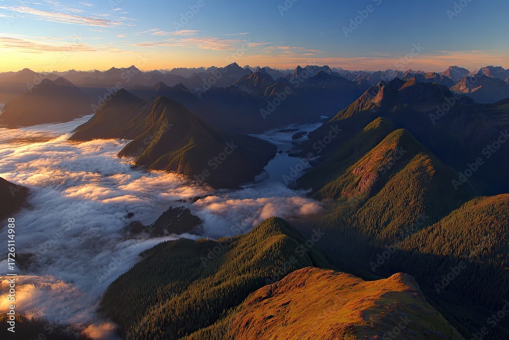 Obraz premium Mountainous landscape at dawn. Misty valley between peaks