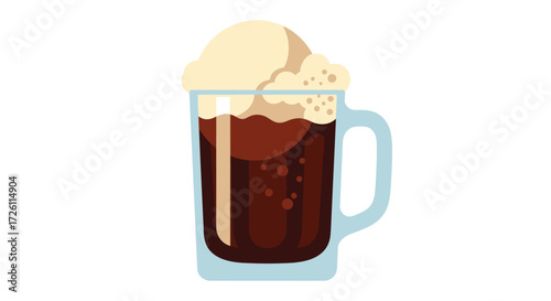 Illustration of a root beer float in a glass mug with creamy vanilla ice cream topping.