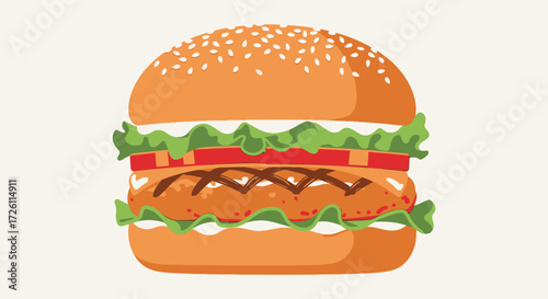 Illustration of a sesame seed bun burger with lettuce, tomato, and a grilled patty on a light background.