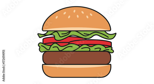 An illustration of a classic hamburger with a sesame seed bun, patty, lettuce, and tomato.