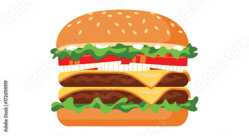 Illustration of a double cheeseburger with sesame seed bun, lettuce, tomato, onion, cheese, and two patties on a white background.