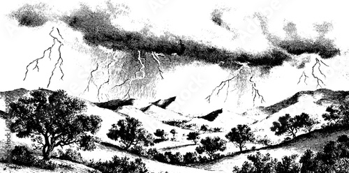 Dramatic storm with lightning over mountain landscape in vintage style
