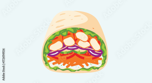 Colorful illustration of a chicken wrap with lettuce, carrots, onions, and sauce.