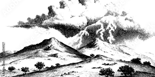 Dramatic storm with lightning over mountain landscape - retro etched design for posters and prints