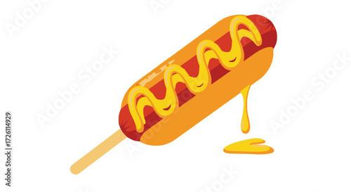 An illustration of a corn dog on a stick, topped with yellow mustard, isolated on a white background.