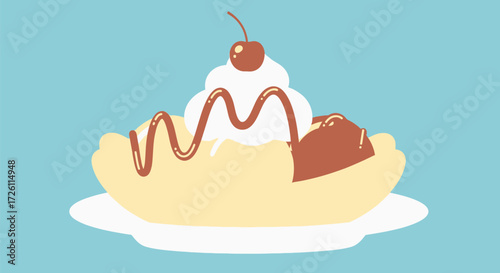 Cartoon illustration of a banana split dessert with whipped cream, cherry, and chocolate sauce on a white plate.