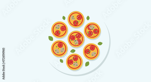 Seven small pizzas, some with pepperoni and some with mushrooms, arranged on a white plate with basil leaves.