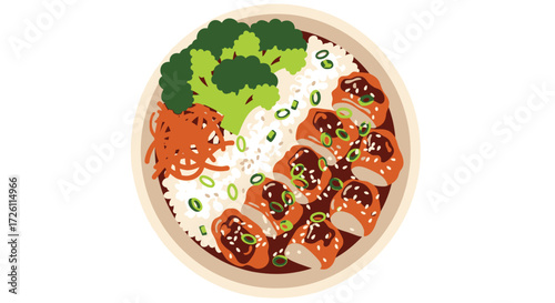 An overhead view of a bowl filled with rice, glazed chicken pieces, broccoli florets, shredded carrots, and garnished with green onions.