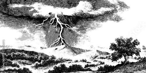 Dramatic mountain storm with striking lightning in retro style for weather art