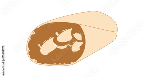 Illustration of a burrito with visible filling, wrapped in a tortilla, on a white background.