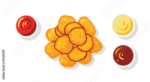 Illustration of a pile of golden chicken nuggets with three dipping sauces: ketchup, mustard, and barbecue, all on a white background.
